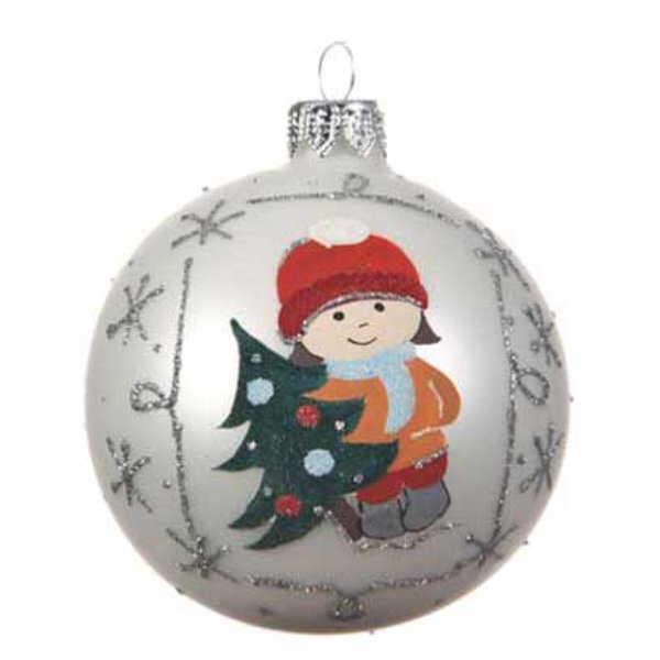 Χριστουγεννιάτικη Γυάλινη Μπάλα Ασημί Ματ, με Κοριτσάκι και Δεντράκι (8cm)